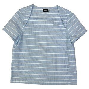 KATE SPADE SATURDAY LET LOOSE BLUE WHITE STRIPED LAP SHOULDER TOP SZ M